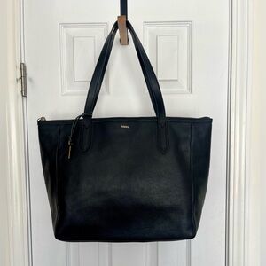 Fossil Midnight Black Cowhide Leather Sydney Shoulder Tote Bag like New